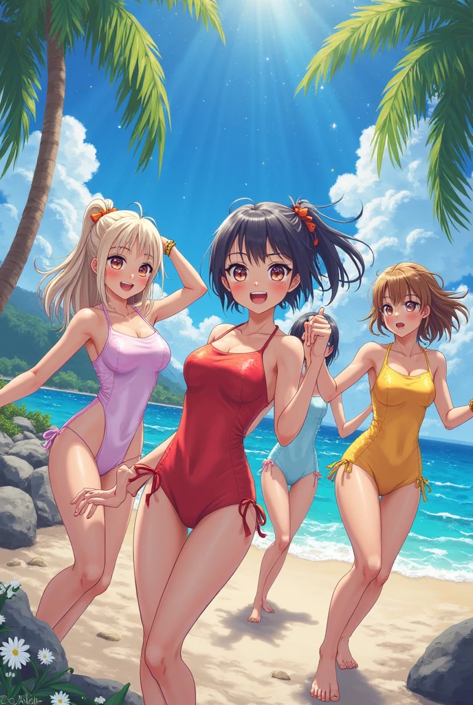 A group of anime characters in swimsuits relaxing at a pool party, highly detailed, beautiful scenery, vivid colors, photorealistic, 8K, masterpiece, (best quality,4k,8k,highres,masterpiece:1.2),ultra-detailed,(realistic,photorealistic,photo-realistic:1.37),characters from Kill la Kill, Ryuko Matoi, Satsuki Kiryuin, Mako Mankanshoku, Nonon Jakuzure, Ira Gamagoori, Uzu Sanageyama, Houka Inumuta, Ragyō Kiryūin, colorful swimsuits designed after character's iconic costumes, beautiful detailed eyes, beautiful detailed lips, extremely detailed eyes and face, long eyelashes, detailed facial features, dynamic poses, background with sunny sky, palm trees, pool with crystal clear water, reflections in water, steam rising from water, splashing water, steam, high quality lighting, cinematic composition