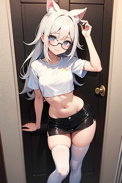 nsfw glasses、standing、 arms behind back, pubic hair、sobbing tears、nude、flat chest、clenched teeth、small nipples、girl、、socks、、black hair、long hair、menstrual period、Blood、white hair band [vagina:skin:0.5],[Urethral opening:skin:0.5], 