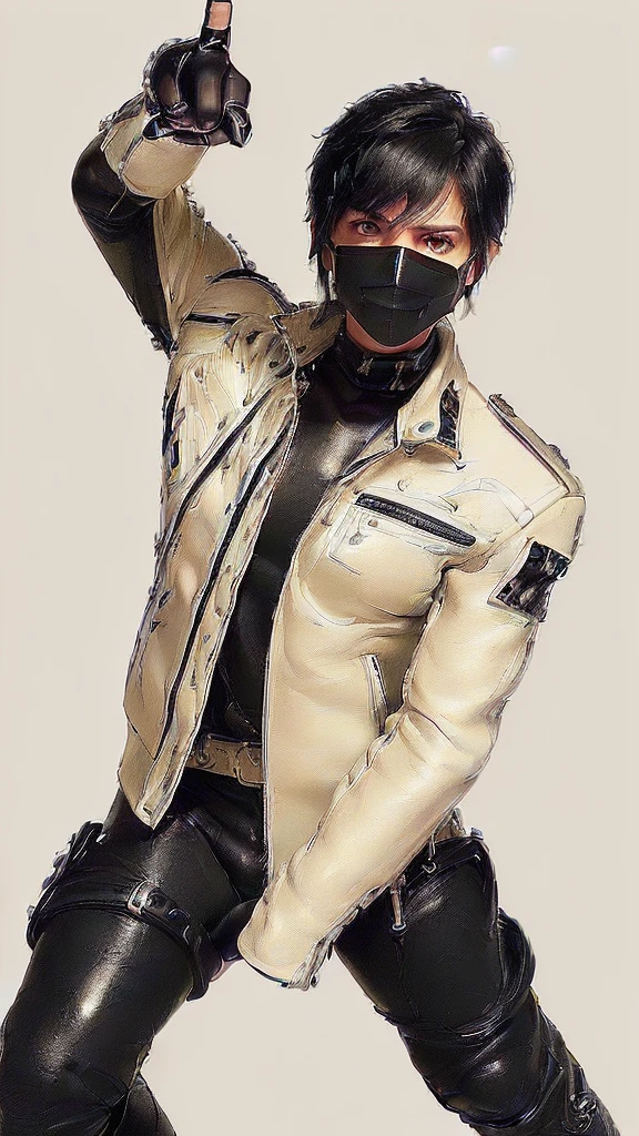 Final fantasy taste and reality graphics, Japanese young cute and cool ikemen boy, his age is early 20s, thin eyebrows and beady eyes, ((he wearing off white color leather thick material jacket)), ((jacket is singlebrest)), biker style jacket, with epaulet, jacket is long sleeve, ((must close the front of the leather jacket)), , ((voluminous leather jacket)), ,((must jacket is high length and stand-up collar)) ((jacket collar with two belts)), ((jacket is a little black color line pattern)),((close the front of the jacket)), ((also wearing black thick material turtleneck lackluster shirts)), ((tight black leather pants)), ((black leather tight and thin glove)), ((black leather knee-high raceup boots)),((must views head-to-toe)),((must views whole body)), ,((Do not show skin from the neck down)),leather jacket leather glove and leather pants have few wrinkles, Avoid showing your innerwear,zip up jacket fastner.must put on a leather glove.
Bous face is expression of ecstasy.
Boy is black hair.boy looks like fashion model.
((beige color packing tape gagged wrapped around head))