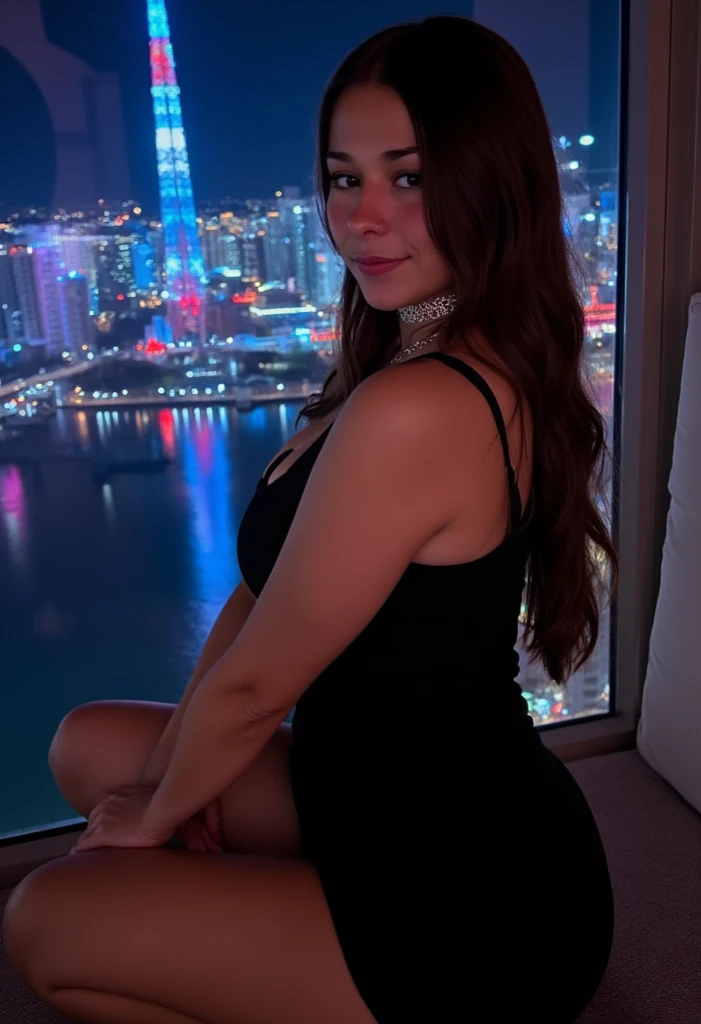 arafed woman in a black swimsuit standing on a balcony, 3 0 years old woman, 30 years old woman, around 20 yo, in las vegas, standing in a dimly lit room, at future neon light rooftop, 1 8 yo, wearing a tight black dress, 2 3 years old, she is wearing a black tank top, 2 8 years old, Big tits, huge tits, no clothes, sexy, cute, wide hips, thick thighs, pear-shaped body, minimal clothes, thick, extra wide hips