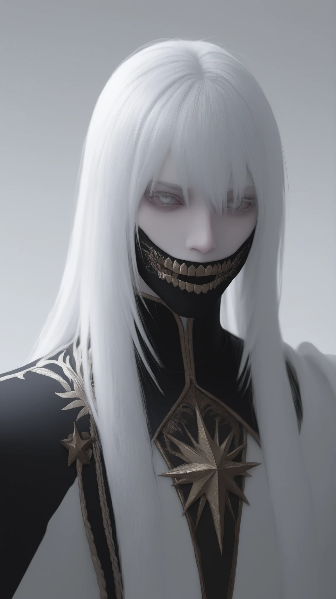 Male. White Hair with Eye-covering Bangs. Crimson Irises. Black & Gold Embroidered Mouth Mask with a star insignia. Pale White Skin. Black & Gold Noble Garments. Cold Expression. Full Head, Face, & Torso.