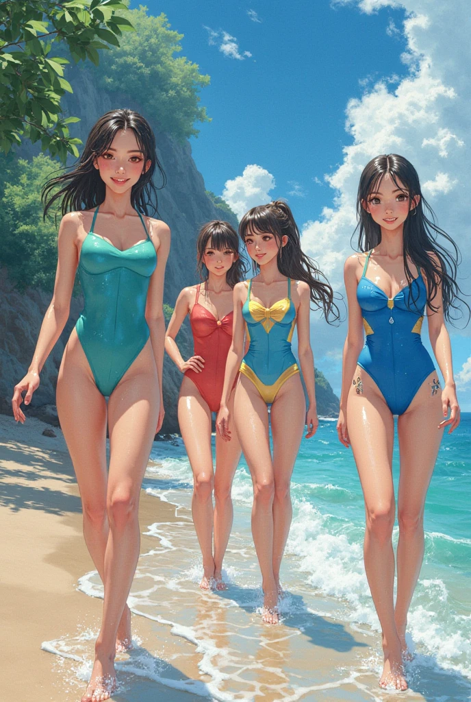 (ultra-detailed),photo-realistic,hyper-realism,masterpiece,(full body portrait),Five girls standing straight,side by side,Japanese Idol,(very different body-types,short-length legs,long torso),peace sign,big smile,too many piercings,bangs,beautiful,soft lighting, 8k,(various tight swim wear,bikini,super high-cut one-piece swimsuit,earrings,necklace,anklet,camel-toe), BREAK (simple white background:1.3)