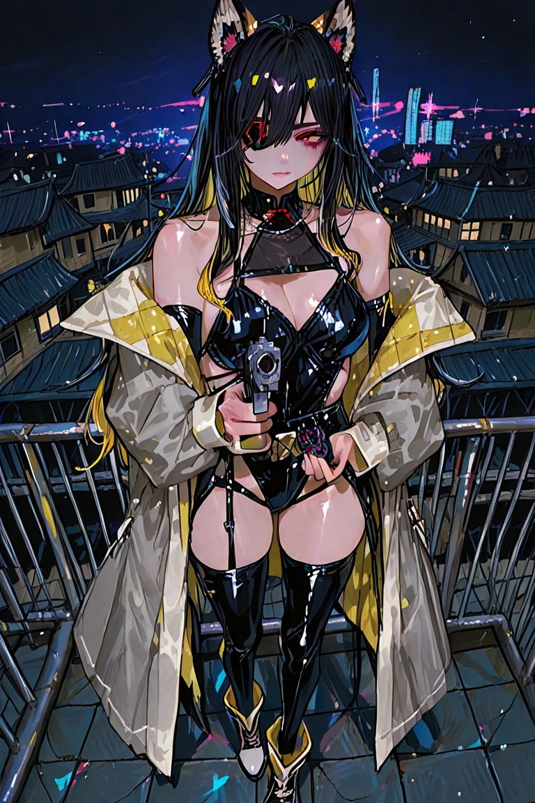 Giant sexy gal in future, dynamic pose, dynamic shot, large show off detailed (((Big))), cape, attack for viewer, ready for action, depth, deep shadow and light, neon, spark, good hand, better hand, masterpiece, high quality, high resolution,