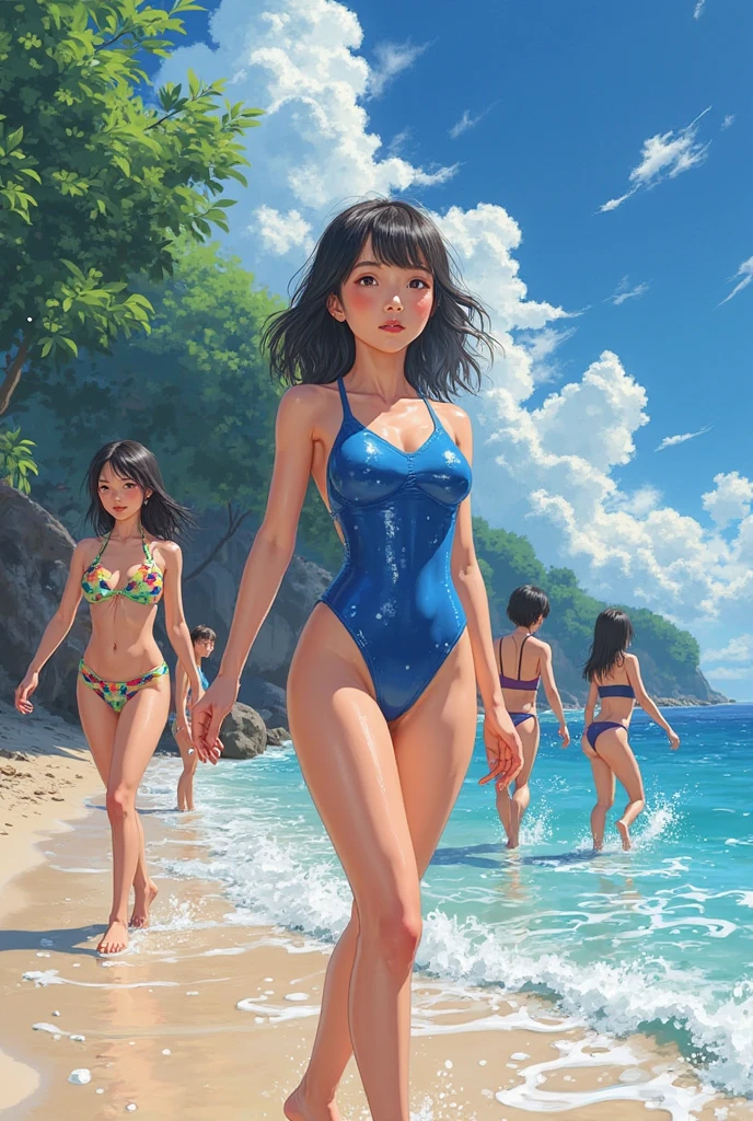 ((Highest quality、masterpiece、8K、Realistic、超High resolution、Very delicate and beautiful、High resolution、Cinema Lighting、Realistic style, Vibrant colors, High Contrast, Sharp details, 8K resolution)), (Three young women having fun playing in the blue sea:1.8), sunny summer day, White sand beach, Turquoise Sea, Transparent waves, sunlight reflected on the water surface, ((Women in swimsuits, One person is wearing a red bikini, One of them is wearing a white swimsuit, The other one is in a blue swimsuit, Smiling and splashing water)), A small island can be seen in the distance, Palm tree, Parasol, Beach ball,