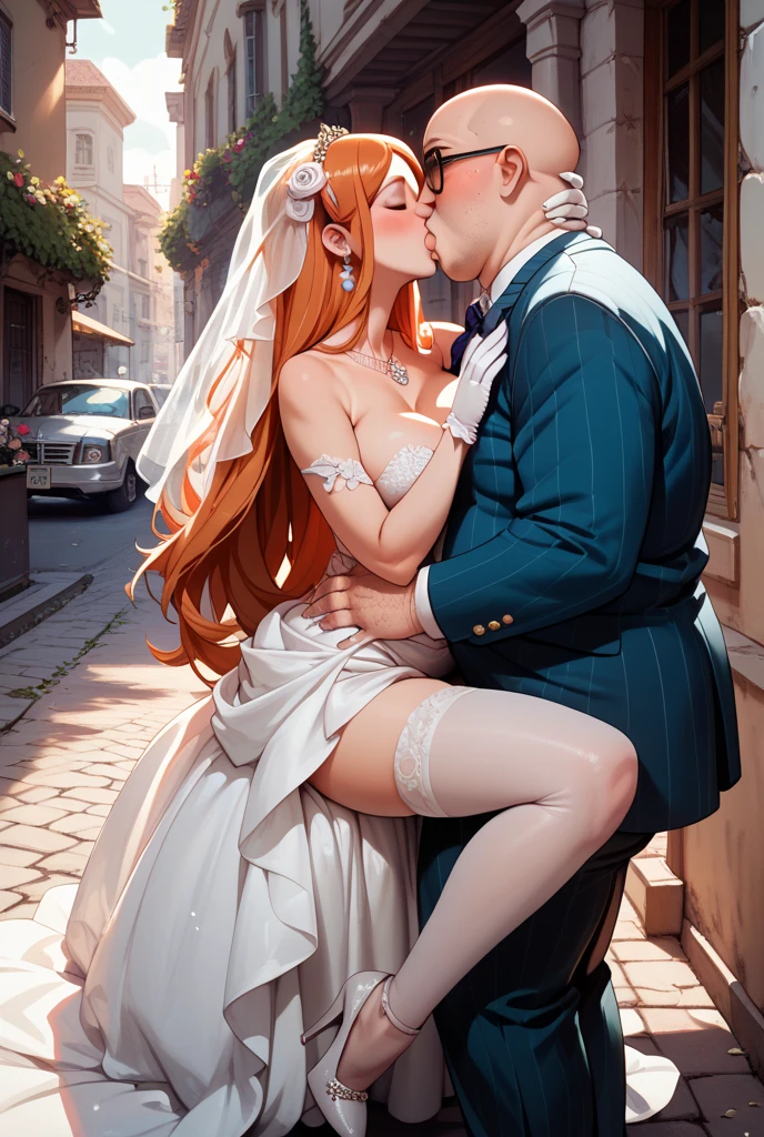 Wedding day, dreamy garden of pink flowers, bride red hair, heavy makeup, eyelashes, red lipstick, crystal blue eyes, high detail white wedding dress, sexy breasts, pink damask roses garden background, amazing sky, waiting for the groom , blowjob POV deep