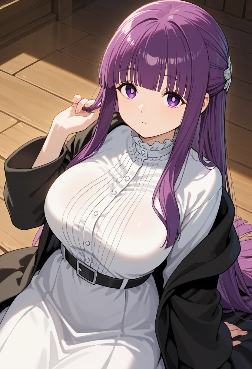 score_9, score_8_up, score_7_up, source_anime, 1girl, fern \(sousou no frieren\), purple hair, long hair, blunt bangs, half updo, show her thigh, open robe, reveal clothes, cleavage, long dress, drunk, three sided view, gothic