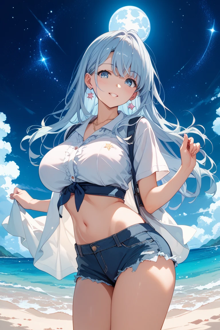 A nice white shirt that lets you see. 、Light blue flared skirt with ruffles、She lifts her skirt with both hands to show off her pretty white underwear.、Cute white underwear visible when you lift your skirt.、sandy beach, beautiful sea, night and starry sky small breasts 