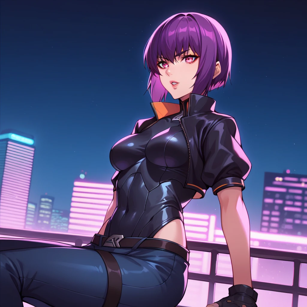 (masterpiece, best quality, detailed), 1girl, solo, looking at viewer, doaAyane, headband,
short sleeves, black pants, black necktie, red shirt, red gloves, jacket on shoulders, black jacket, outdoors, rooftop, day, cityscape, blue sky, cloud, scenery, railing, leaning forward, adjusting hair, hand in own hair, hand on own thigh, from above, smile, parted lips, evil smile, v-shaped eyebrows