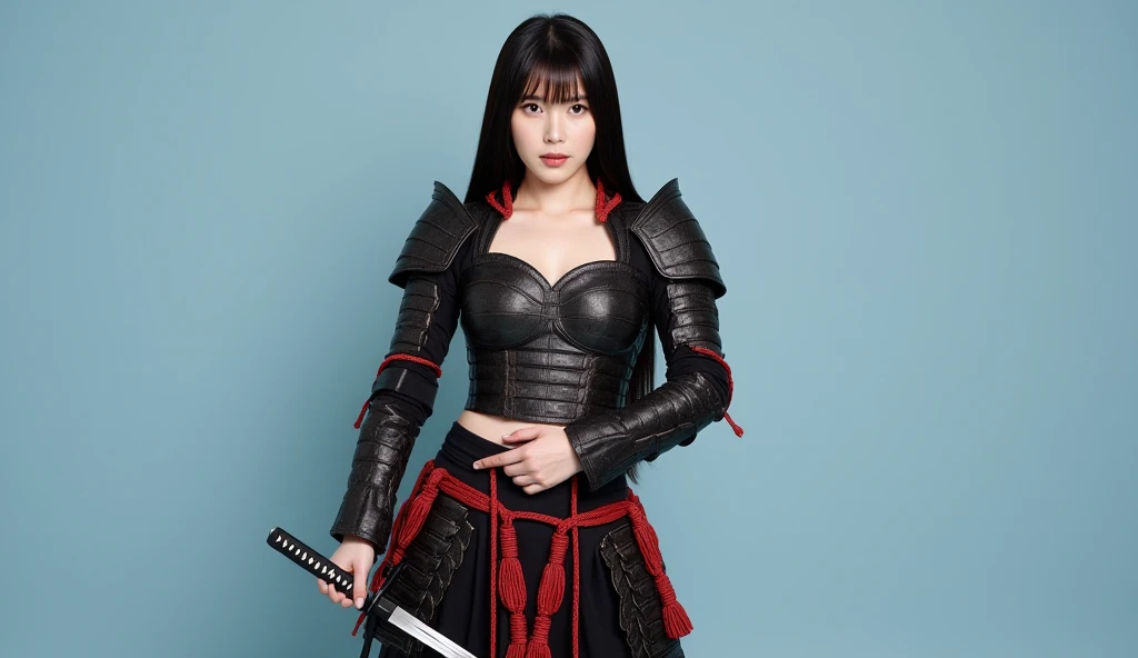 Itachi Ichiha, Itachi, in the style of realism, armor, knives, long black hair ponytail, in armor medieval, knives и кровь на полу, sharingan, photorealism