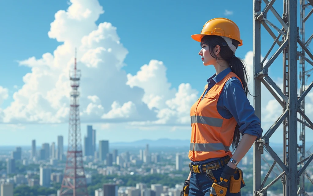 A mesmerizing elegant shot of a telecom engineer working on a 4G/5G telecom tower in nice daylight ,Anime girl , anime style , Women engineer with amazing Medium breasts, High visibility vest, nice thighs, anatomically correct,perfect body, beautiful face, mature, , tools on belt,  legs. Full body view, girl in focus . Everything on right side of image ,left side is kept blank . Beautiful japanese style city scene in background blurr. Girl on top of tower City views from above.Anime style , 4k quality.
