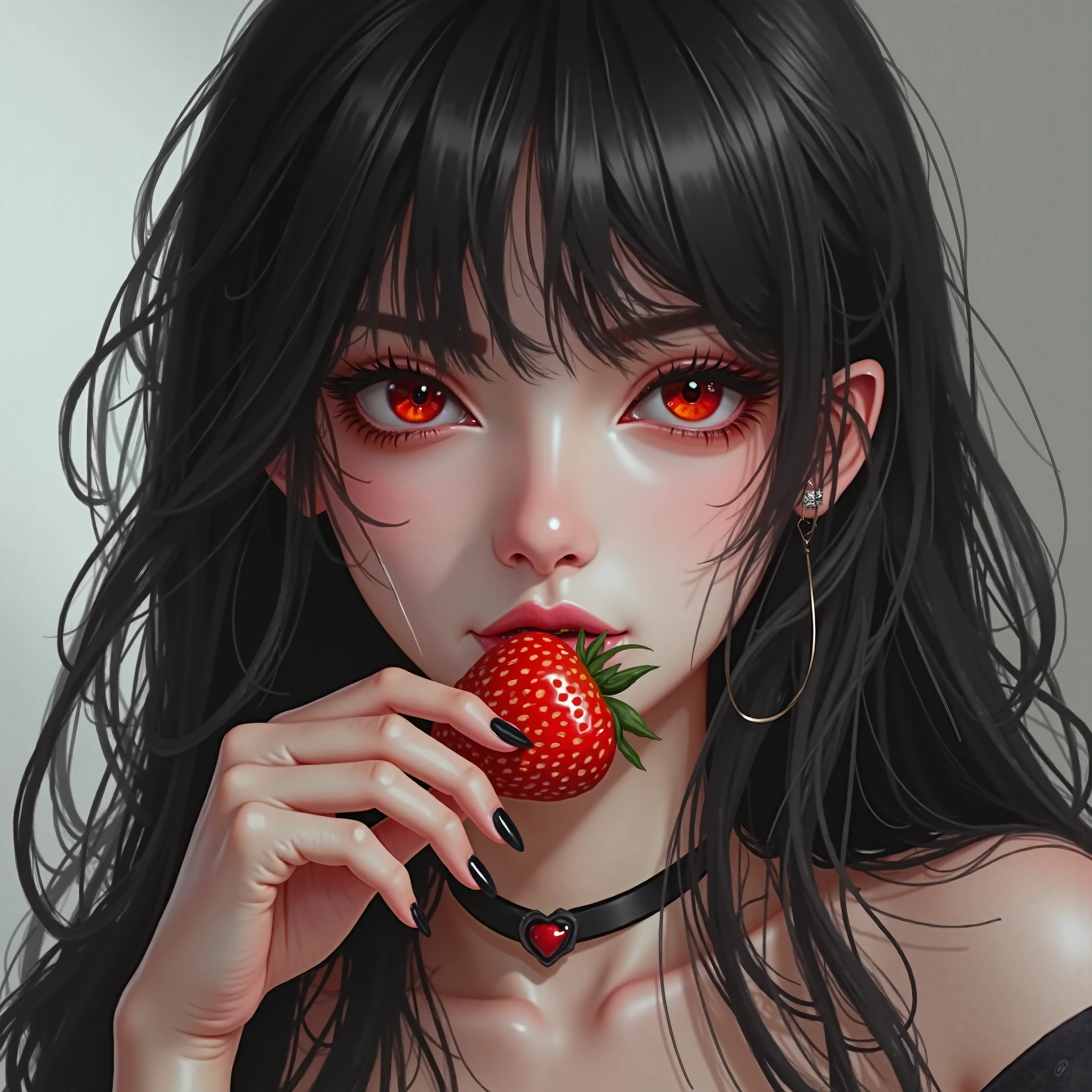 a portrait of a female vampire eating a (bloody donut: 1.3), an exotic exquisite beautiful female vampire, dynamic hair color, wavy hair, dynamic eyes color, (glowing  eyes: 1.1), intense eyes, wearing glamour silk dress, intricate detailed dress, dynamic color dress, dynamic style dress, (eating  a large donut soaked with blood: 1.3), blood dripping from the donut, cherries, whipped cream,  dark fantasy pastry shop background,  vibrant, Ultra-high resolution, High Contrast, (masterpiece:1.5), highest quality, Best aesthetics), best details, best quality, highres, 16k, [ultra detailed], masterpiece, best quality, (extremely detailed) RAW, (ultra details, Masterpiece, best quality),   Dark Art Painting Style, Intense gaze, blood, Cinematic Hollywood Film
