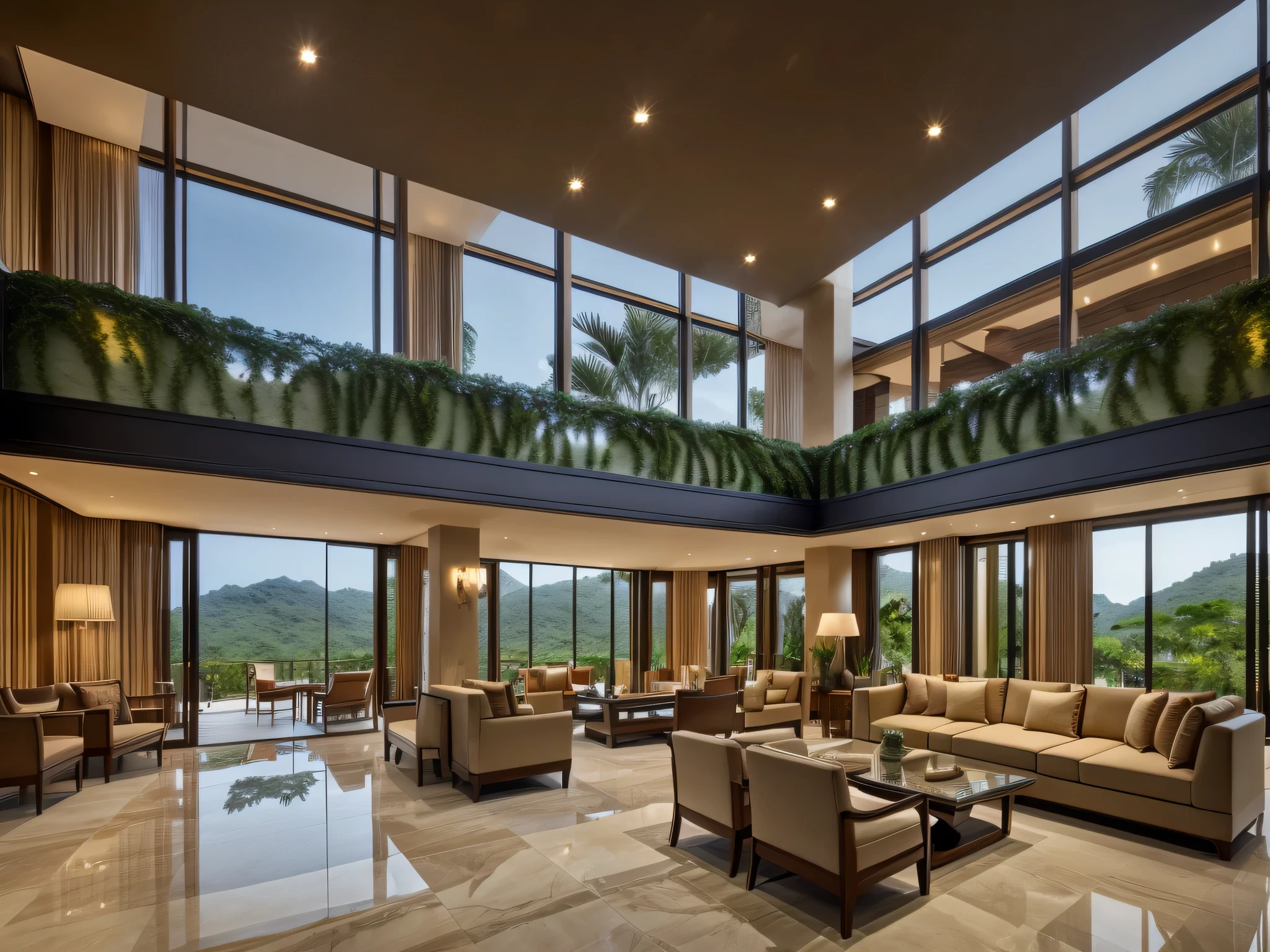 Interior of a luxury modern hotel lobby, with high ceilings, marble floors, large glass walls overlooking the jungle, designer furniture, photorealistic lighting, elegant and spacious, soft shadows