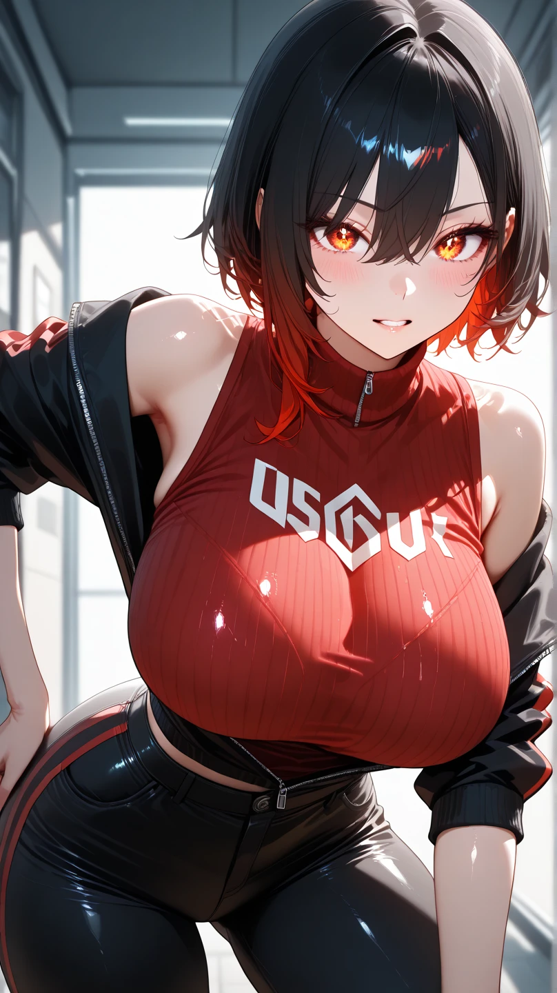 tall cute woman, massive breasts, wearing an opened red jacket with a white t-shirt and black pants, She has short dark red hair and wears a striped red and black scarf, also wearing red headphones, and a utility belt slinged across her shoulder, she is also wearing ski goggles on her head. She has a cold stern look on her face, arms behind her back, Rainy dark background, masterpiece, best quality