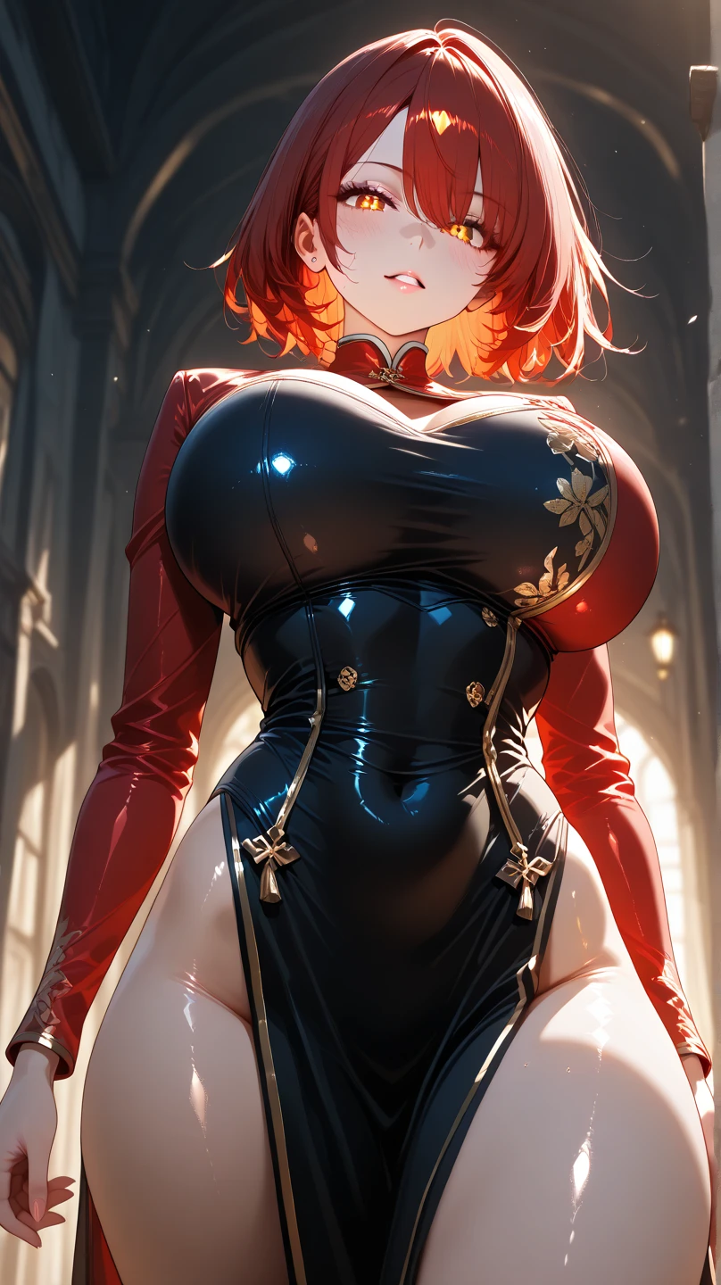 Masterpiece:1.2, Best quality), Realistic, (Real picture, Intricate details, Depth of field), (1girll, Solo), make up, parted lip, highly detailed, Perfect face,
(Huge breasts:1.4), (skin indentation), Thick thighs, Wide hips, Small waist, Tall giantess, glossy coral lips,
red hair, Red eyes, pony tails,
(A giantess, Blood-colored black succubus suit), (full of sweat:1.2), (Wet), Sexy, Blushing,