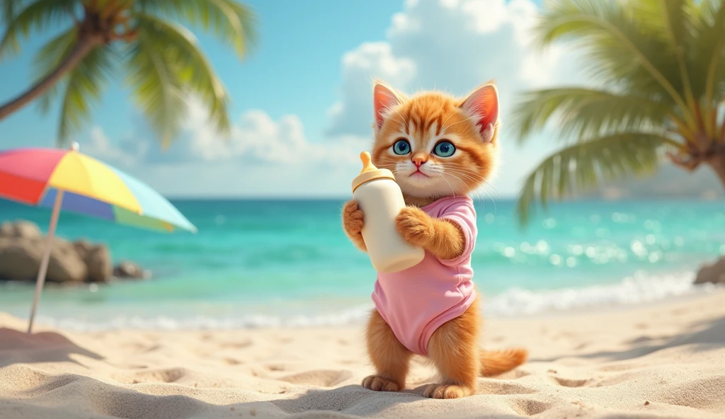 (photorealism:1.2), cute ginger cat, yellow bikini, eating ice cream walking on the runway