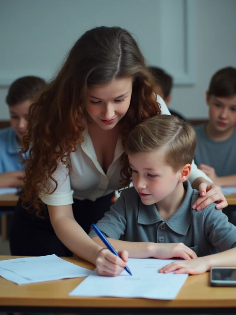 The teacher helps a twelve-year-old boy with his homework,The teacher points to the test paper on the table,Student expression serious;