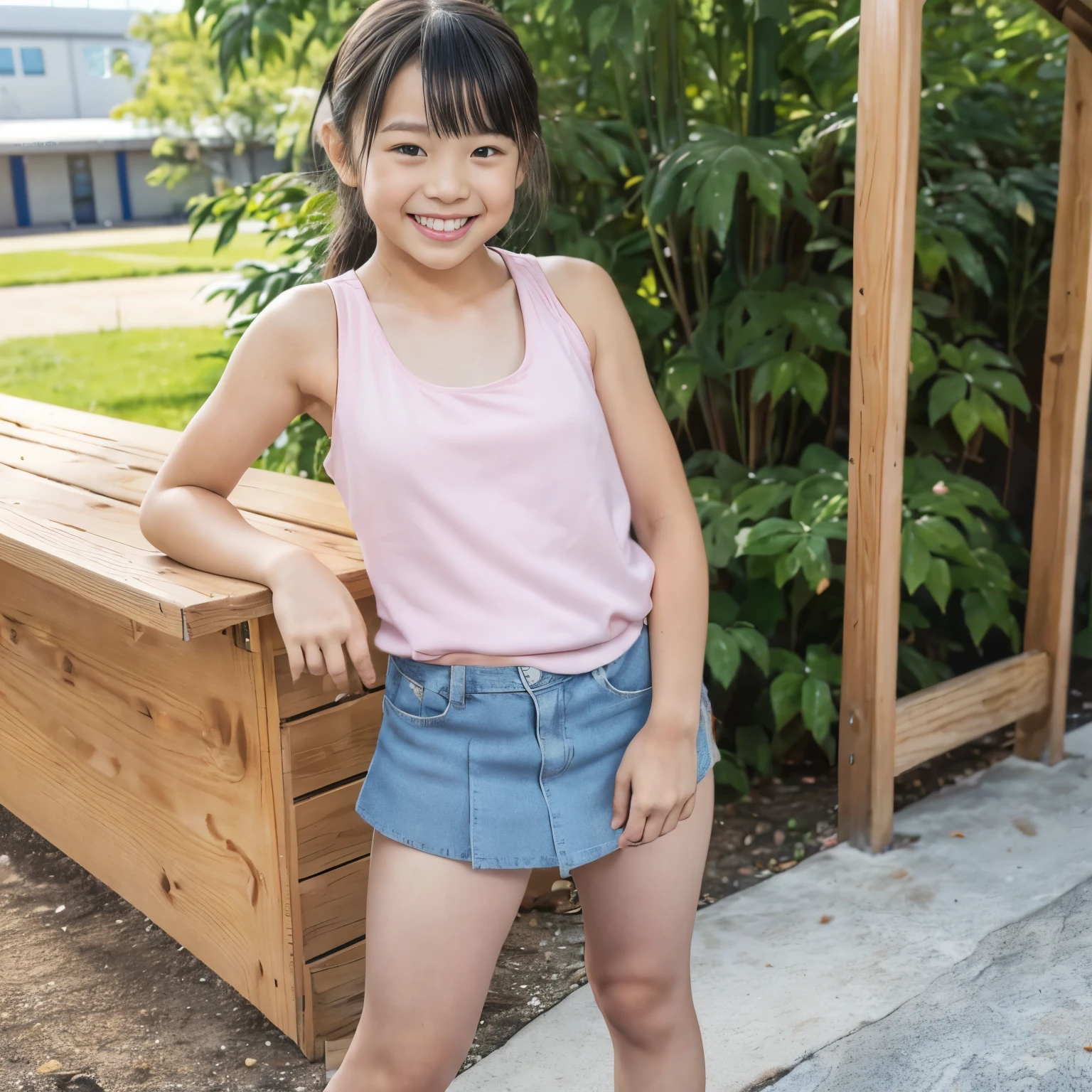 filling machine that divides Canadian、( there is 1 cute elementary school student ) 、((Full body )), high image quality, masterpiece, accurate, (( pastel colored tank top t-shirt )), ( Pastel Westcross ), red cheeks , Best Quality, smile, Looking Realistically , ( 医学的にaccurate ), camera ,(( 究極的にかわいいsmile )), school playground