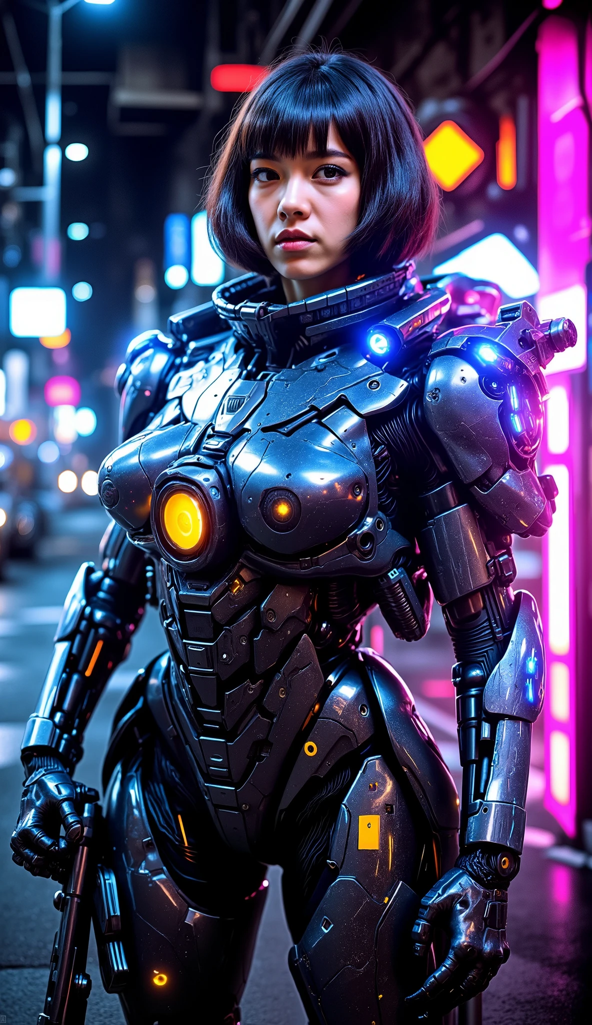 high image quality, high image quality画像,cinematic lighting,A woman in a cyborg suit is standing with a gun,android female soldier,black hair,Bob Cut Shorthair ,Future City, has some fantastic highlights , tech panels and mechanisms . She's standing in a futuristic cityscape、illuminated by bright neon lights........、It stands full of energy and is