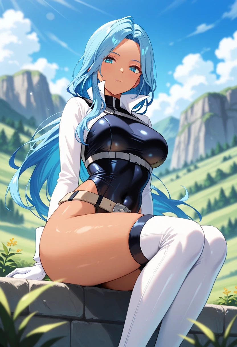 Bigbreast,long hair,light blue hair,thicc tigh,smile,look at viewer,blush,bikini armor