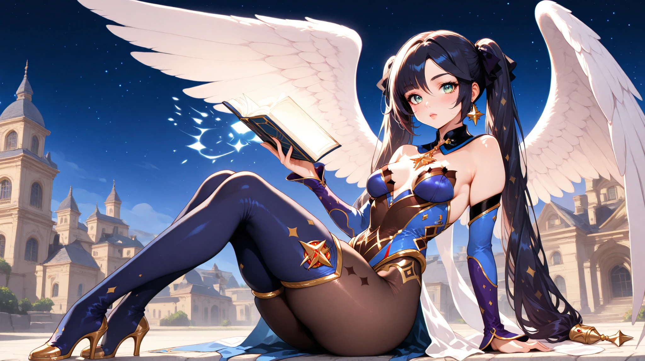 Mona (genshin impact) a young woman artwork woman has a magical appearance and two wings on her dress, angel with large white wings, sitting on the ground with an object and two stars in her hand, holding a magic book, A Luxurious House That Looks Like A Renaissance Castle, with her wings spread out behind her. her body is slim and curvy. 1girl, solo, unrivaled beauty, star (sky), breasts, wings, lips, sitting, sky, long hair, green eyes, skindentation, black hair, boots, twintails, thigh boots, high heels, bare shoulders, looking at viewer, star (sky), full armor, greatsword, pantyhose, starry sky, medium breasts, detached sleeves, jewelry, high heel boots, thighhighs, oversized breast ,earrings, detached collar, outdoors, (oldschool style), skin tight, medium breasts, transparent dress, retro artstyle, come hither, clothing cutout, gold trim, blush, eyelashes, (highly detailed), shiny_skin,intricate, vivid eyes, crystal eyes, detailed eyes, long eyelashes, beautiful eyes, beautiful face, beautiful hair,