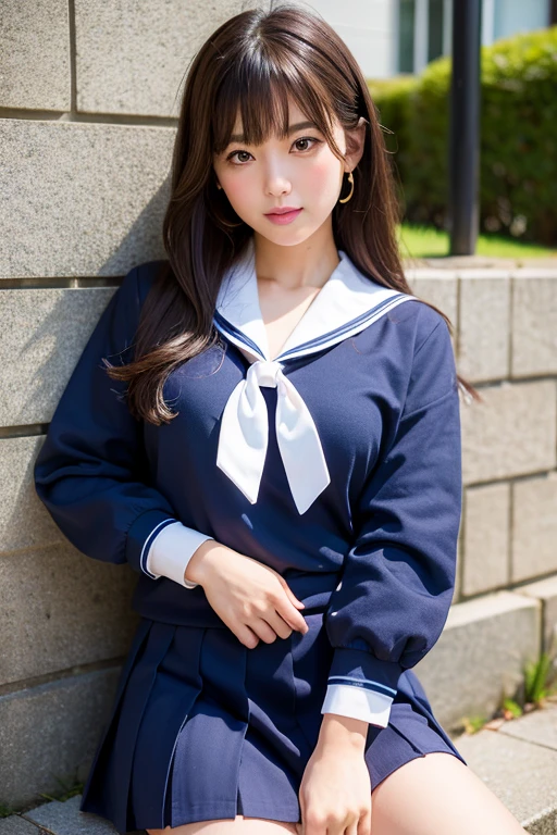 ((highest quality、8k、masterpiece:1.3)),((((fullbody shot)))),Ultra-high resolution,big eyes,Japanese,forehead,bangs,(a girl),(1 girl),((16 years old)),((cute)),pretty,((facing at viewer)),(long hair),(((black sailor uniform))),grin,(sitting),(pleated mini skirt)