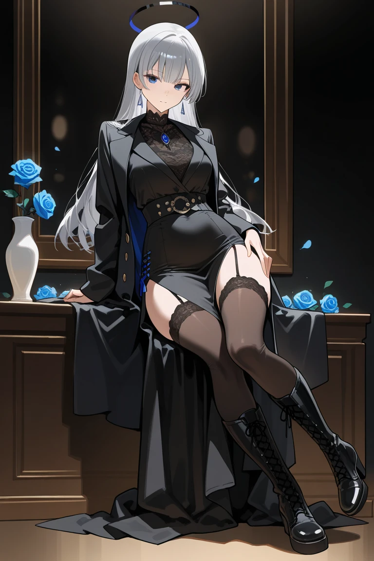 (masterpiece),(best quality),very aesthetic,(ultra-detailed),(illustration),nsfw,1girl,16yo,slender,long hair,silver hair,straight hair,(blunt bangs),dark blue alluring eyes,(annoyed:0.8),grin,sweat,wine glass,drunk,(skirt hold),bows lightly,crossed legs,standing,(head tilt:0.5),Gorgeously carved stone walls,An elegant and sophisticated outfit perfect for a party, featuring a purple velvet dress with green lace accents,long sleeves,Silver necklace with embedded emerald gemstone,toxic dark green lace panties,Guest house of Western aristocracy,Luxurious and spacious halls,High ceiling,table,A sumptuous meal is laid out on tables,cowboy shot,pantyshot,crowded with Mob Western aristocrats chatting with each other,(Garter belt with knife)