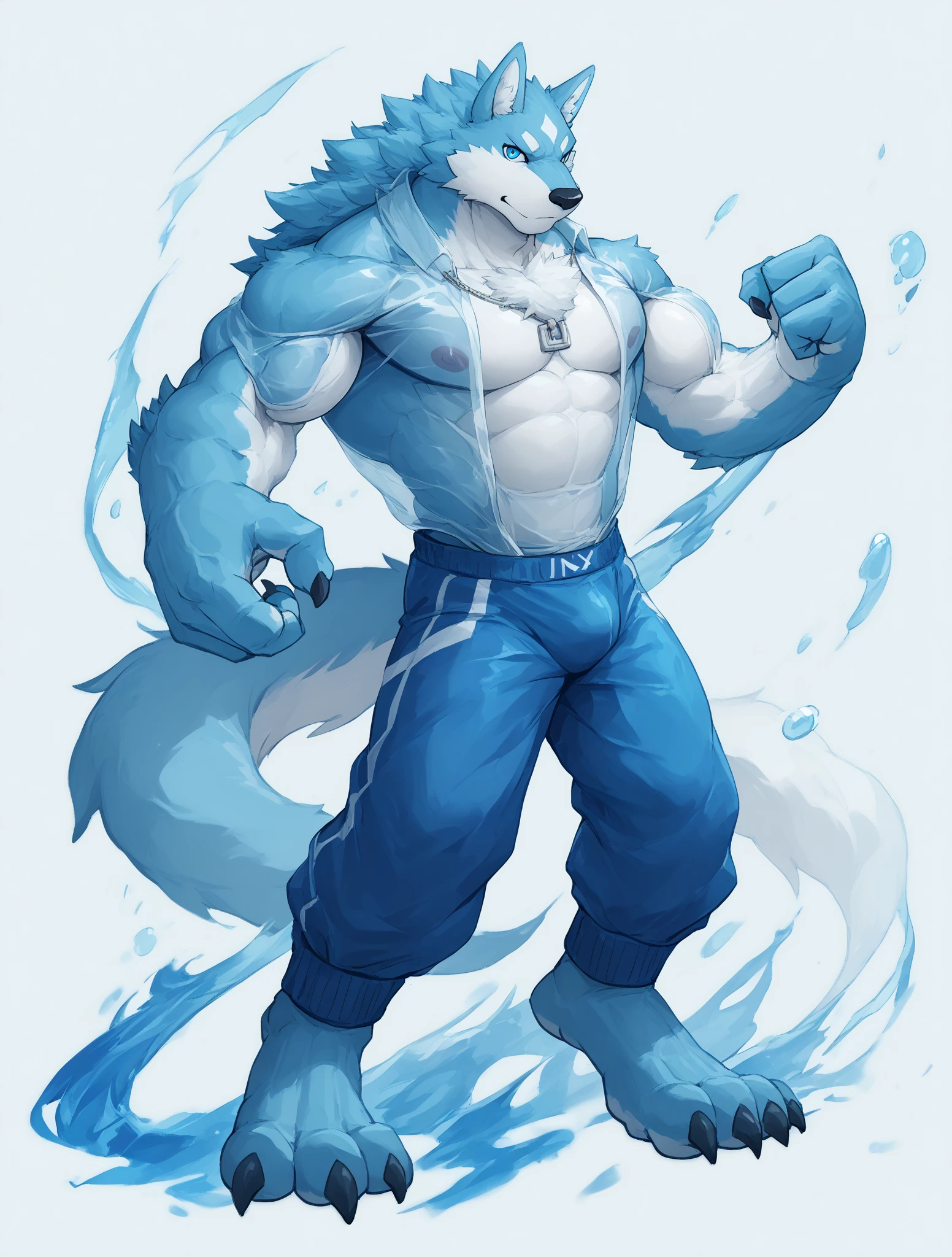 solo, anthro, furry, furry male, wolf, ((fluffy fur, fluffy, furry body)), (wolf print), (blue body, blue fur, blue fluffy body), Red eyes, wolf tail, (white hair, detailed hair, long white hair, white hair bang), (fluffy white muzzle, blue arms, blue forearms, white hands), muscular body, muscular male, black underwear briefs, detailed fluffy fur, detailed face, detailed eyes, shirtless, full body, dragon/wolf tattoo on belly, abs, black trunks, white abs, white chest, blue face, blue legs, white markings, black shoulder stripe, blue neck, posing, flex,(by raccoon21, by null-ghost, masterpiece, absurd res, high quality, hi res, 8k hd full-color),close-view portrait, looking at viewer, pose,