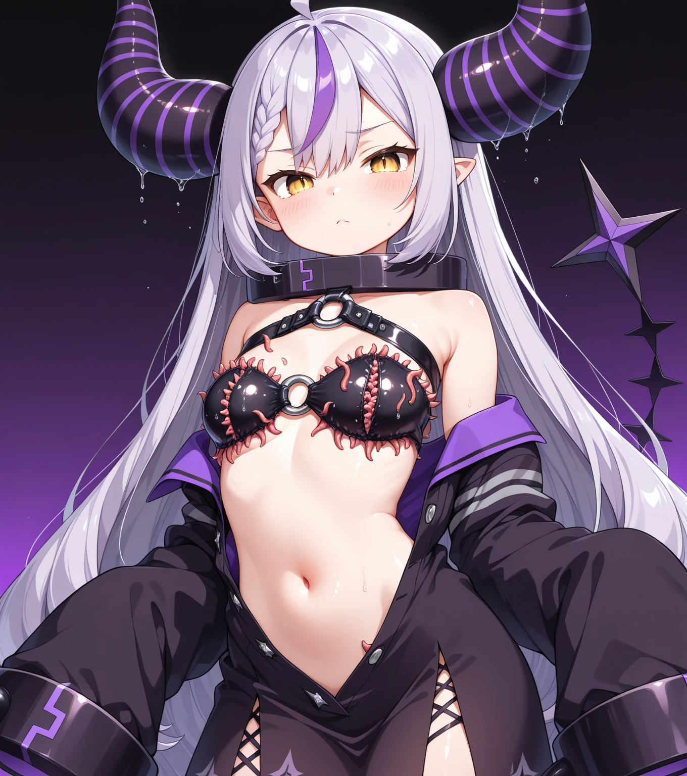 Masterpiece, beautiful art, professional artist, 8k, very detailed face, very detailed hair, very detailed clothes, 1 girl, standing alone, purple hair, eyes pink, sensual lips, sultry eyes, wet and transparent lingerie, long_eyelashes, natural_eyebrows, looking_at_viewer, diamond_earrings, body stocking, large breasts, cleavage, open clothes, pointy ears, horns, pale_skin, flirty smile, skin-covered horns
