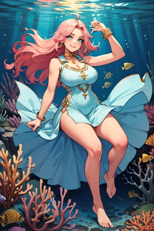 (Best quality, Masterpiece:1.2), Ultra detailed, 1girll, mermaids,A pink-haired,ocean floor,In the water,nabel,The corals,blue color eyes,One Piece,onepiece。onepiece