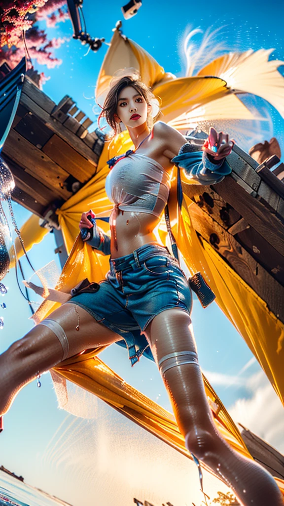 official art,,Unity 8k wallpaper, Super detailed, Exquisite and beautiful, beautiful butt，Expose most of your breasts,Breasts are huge and soft,masterpiece, top quality, (Zentangle, mandala, tangled, entangled), (ecstasy of flower:1.2), Dynamic Unger, The most beautiful form of chaos, elegant, , Bright colors,brutalist , atmosphere, ((Short hair)), A blonde one,(((Red transparent))((Hip-length shorts)),revealing buttocks,((The navel is exposed)),The top is loose,Arms exposed,(Topless),Lower body triangle area translucent