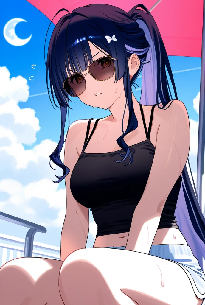 , tmasterpiece, a matural female,Best quality at best, 8k wallpaper, beatiful detailed eyes, fully body photo, 黑The eye, Detailed hairpins, swimmingpool, Wet body,Colorful long-sleeved sweater,Ultra shorts,Outdoor communal swimming pool,Mouth open,Sat down,Surreal graphics,oversized boobs,soaking wet,There is fluid on the legs,Pink clothes,blue clothes,Red clothes, yellow clothes,Purple clothes,White crop top,clothes: Short clothes,tight top,Raised breasts cleavage ,Fine patterns of clothes,tattoos on the lower abdomen,Flame it up,Arm waving,Happy expression,The upper chest is completely covered。
