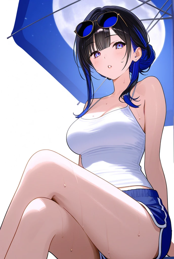 1girl, bunny ears, rabbit ears, very short hair, pixie cut, blue hair, purple eyes, light smile, fang, ((fang)), large breasts, thick thighs, gym uniform, shirt, white shirt, short pants, white shorts, standing, thighhighs, sportswear