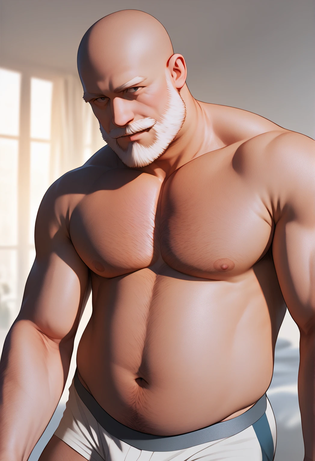 40 years old white Male, tall, giant body, handsome, dad bod, beefy, strong arms and legs, wide shoulders, a bit chubby muscle gut, a bit of fat but still very muscular, extremely hairy, (a lot of body hair), short beard, wearing an untie black bathrobe with long sleeves, wearing a black boxer brief, (unrealistic oversized big bulge), barefoot, smirking, modern minimalist living room
