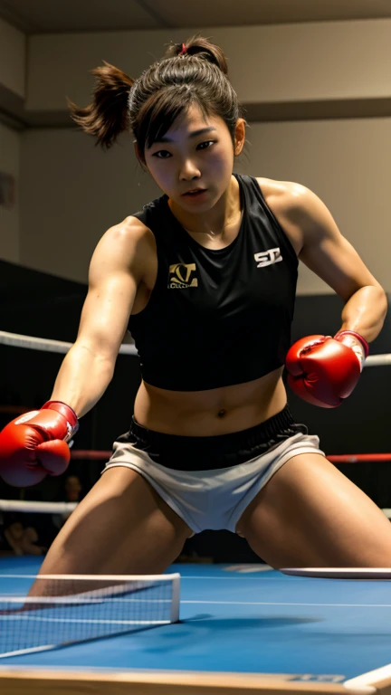 adult female boxer、Ponytail has black hair.、brown skin、Black sports bra and shorts、boxing gloves、with eager eyes、Boxing stance、Waist circumference、