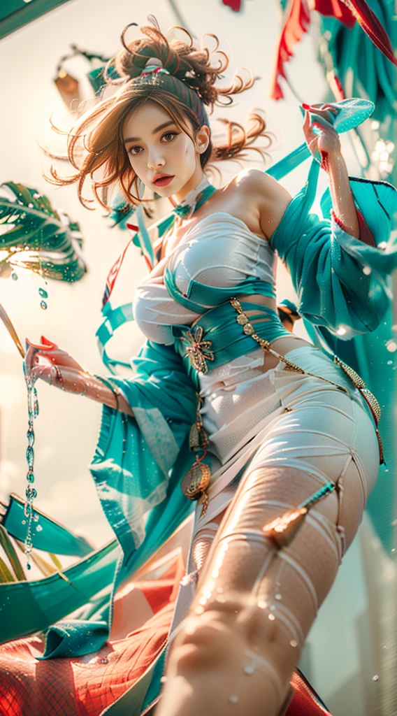 (Hyperrealistic), (illustration), (high resolution), (8K), (Extremely detailed), (Best Illustration), (Beautiful detailed eyes), (Best quality), (Super detailed), (Masterpiece), (the wallpaper), (Detailed face), Solo, (Dynamic pose), 1girll, White off-the-shoulder shirt paired with sexy super short yoga pants, Bare shoulders, blooming flower field, Glowing skin, Light smile, camel-toe, (), (No bra)