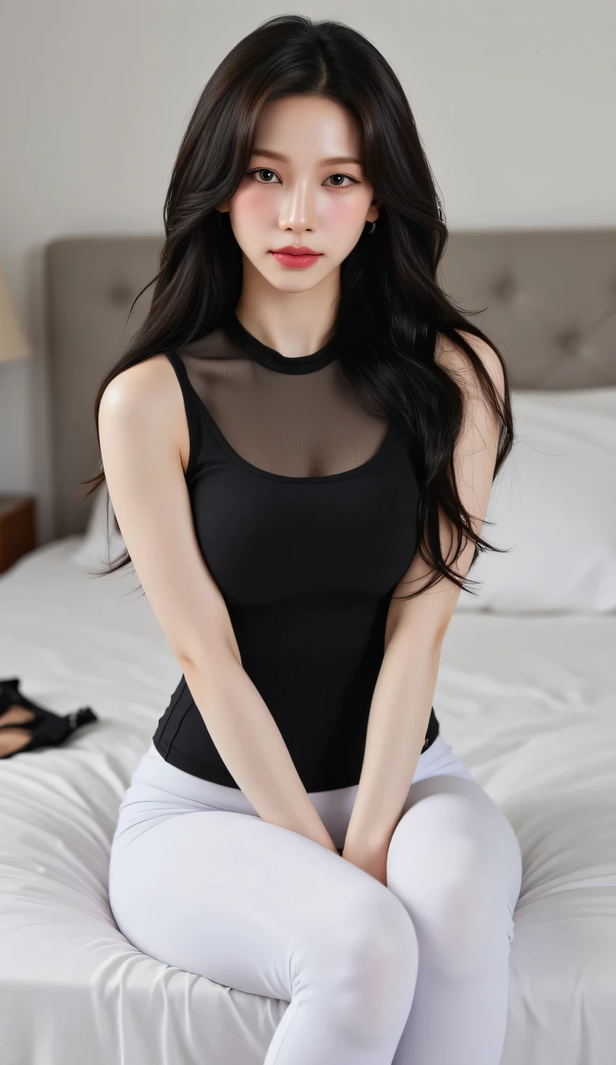 A very cute girl, solo, young, wearing navy tank top and short pants, big breasts, white and smooth skin, standing, long hairs, red lip, at home, realistic face