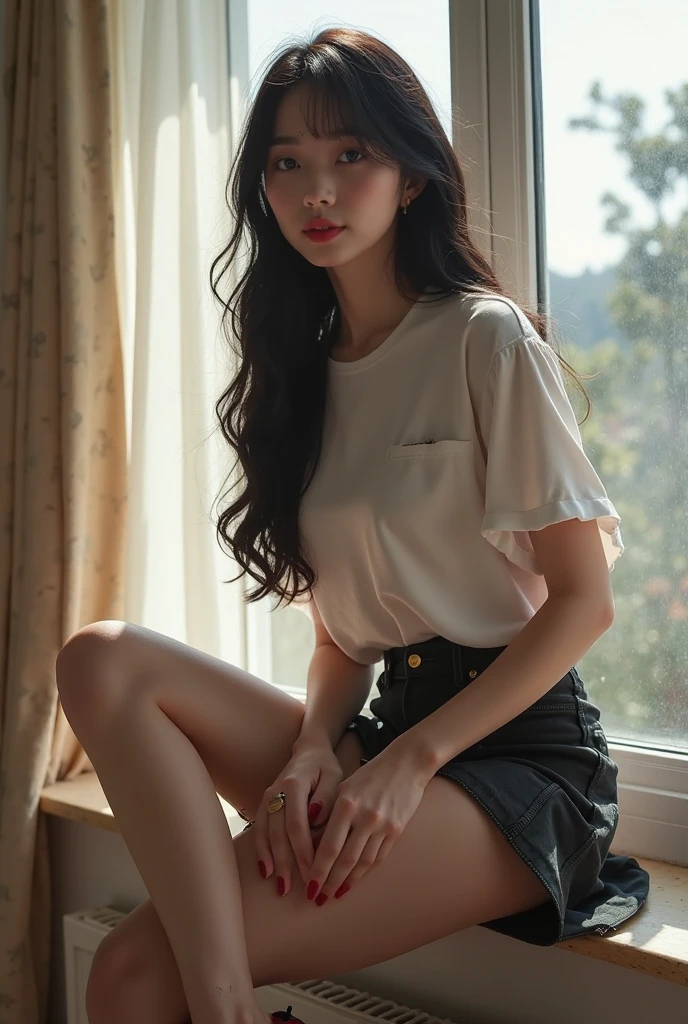 (8K, best quality, Masterpiece, very high:1.2) Photo of a beautiful Japanese girl, Beautiful and charming with contemporary fashion drawings as well., looking at the audience, ((in the classroom background)), (1 girl), (white short sleeve shirt), (((black pencil skirt))), belt, ((Put your hands down.)),black hair, medium hair, High angle view of a beautiful woman, Realistic skin texture, Look up, (Nudity), round chin, Art lens 85mm, F 1. 2, Sharp focus, High resolution 8K, Crazy details, complicated, elegant, big breasts, dynamic poses, big breasts,
