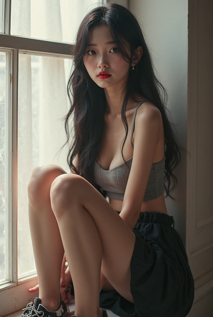 best qualtiy，tmasterpiece，超高分辨率，realisticlying，RAW photogr，1girll，leges，in the darkness nigth，deep shading，low tune，cold light，Sexy look，long whitr hair，Lace