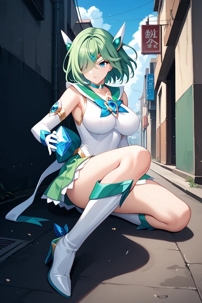 best qualityer,tmasterpiece,Ultimate resolution,downy,Extremely colorful,Colorful,waters,Sexy beauty,Short blue-green hair,blue bikini,huge tit,Crop topping,short skirt,Bare legged,(Kneeling pose),sandals,Blue manicure,Normal posture