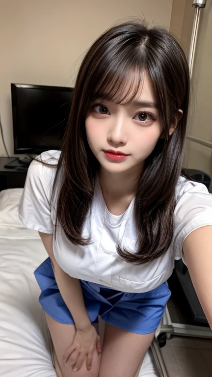 A girl prefect body brown hair and he white skin pretty eyes are long brown hair white shot shirt and short sitting on bed white sexy