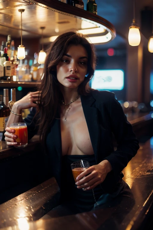 Italian girl 25 years old, beautiful, wonderful, luxury nightclub, alone, 1 girl, real, very high resolution, 8k, black velvet jacket, luxury, fabulous body, closed white shirt, sensual, provocative, black skirt, earrings, red lipstick, mouth slightly open, chanel belt, sitting drinking a cocktail, legs crossed, soft lighting