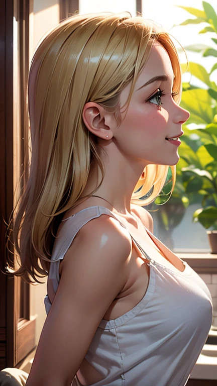 (best quality, highres), ultra-detailed, professional, vivid colors, bokeh, portraits, photography, warm color tones, soft lighting, garden scene, blooming flowers, gentle breeze, elegant posture, confident smile. cool adult woman, nee-san type, older sister type, big breast, long hair, (swept-side bang:1.27), [[[brown hair]]], blonde hair, white T-clothes, cleavage, brown eyes, bedroom, detailed facial features.