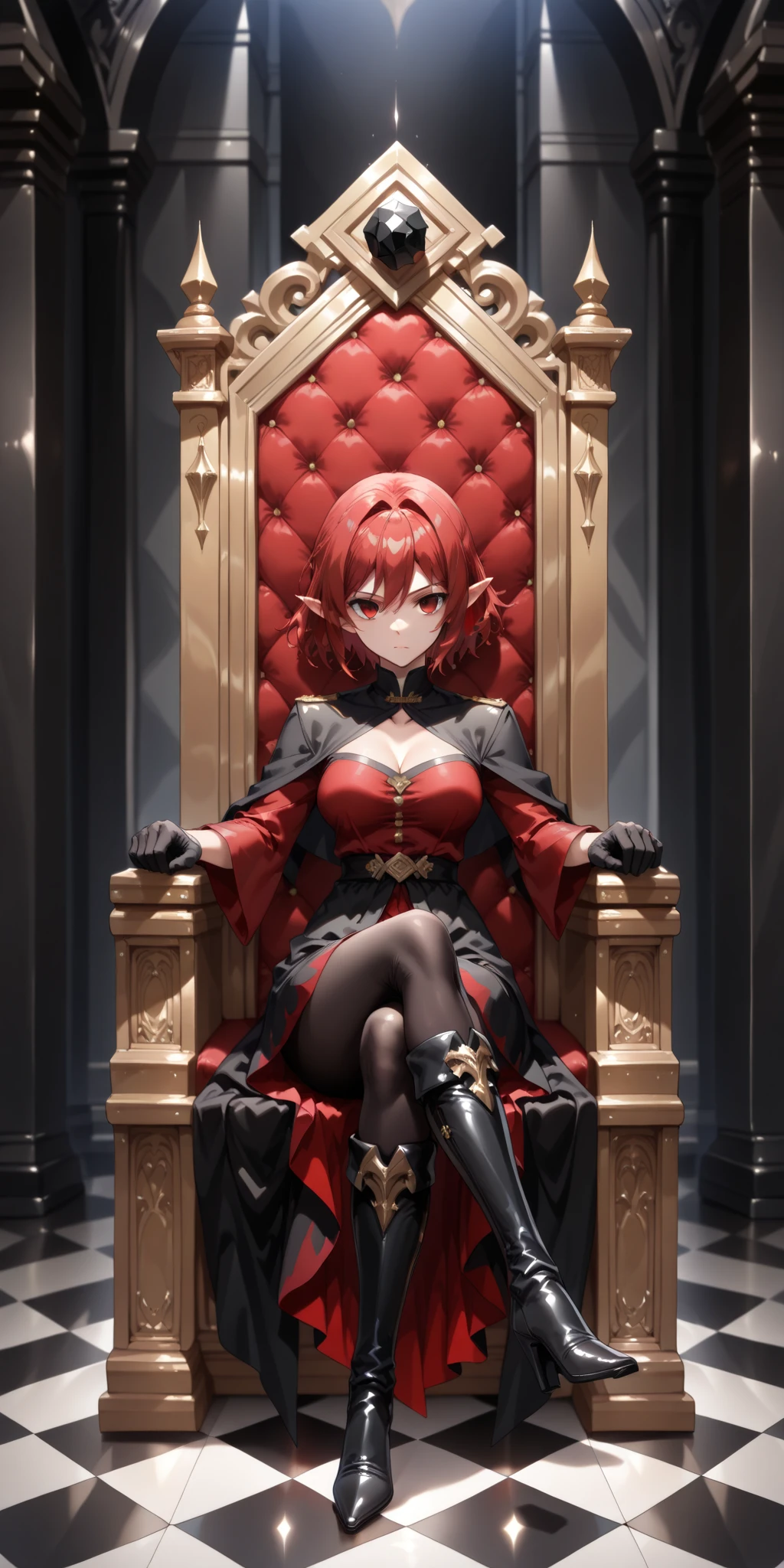 a queen, red glowing eyes, short brown hair, a metal crown, gloomy atmosphere, horror cinematic, sitting on a throne, bored expression.