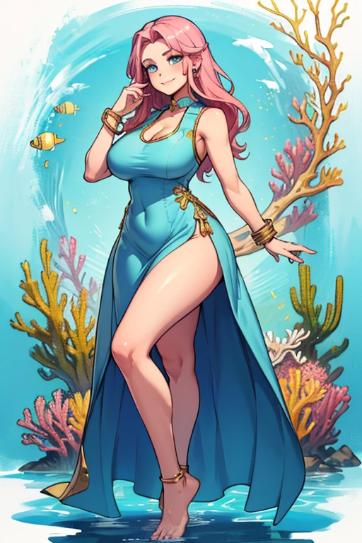 Ultra HD, obra de arte, anatomicamente correto, super detalhado, Surrealismo,ruiva, linda modelo feminina, pele macia, (Vestido maxi branco), colar, ring accessories, sandals, Cabelo ondulado, rosto perfeito, rosto bonito, charme, olhos grandes e lindos, olhos azuis, maquiagem escura, Corpo glamoroso
