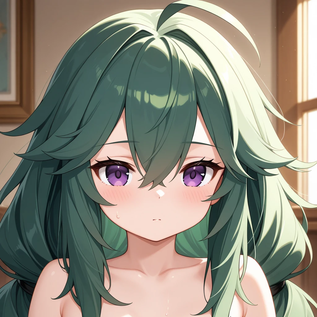 One girl,alone,kusanagi nene,Green Hair,Purple Eyes,Swimwear,project sekai,long hair,cute,cute,smile,nsfw,Upper body naked,