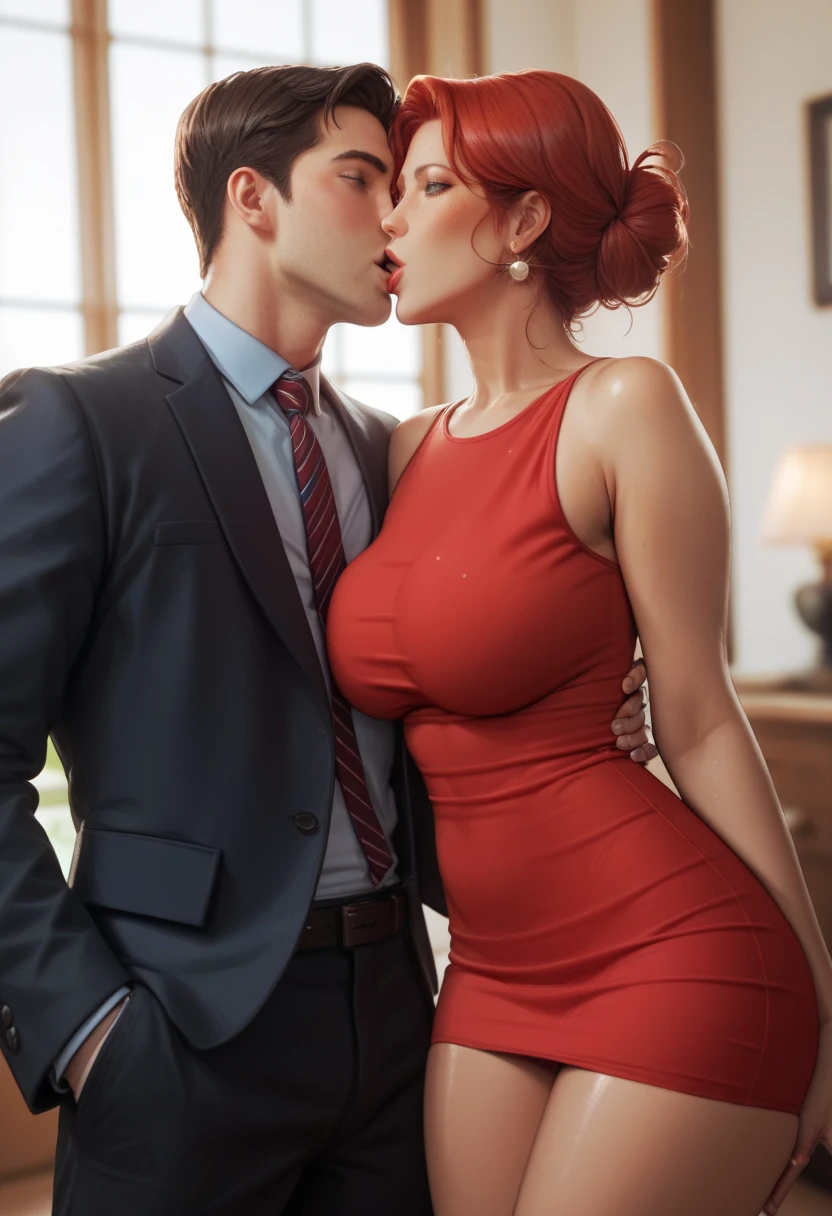 ((thick body mature woman age 40 American milf super model))2 women wearing open suit jacket and skirt, in office, greeting viewer, bra panties, lift skirt, nipples peeking out (((1woman standing, 1college son sitting, face on breasts, side view))), smiling, hands on thigh