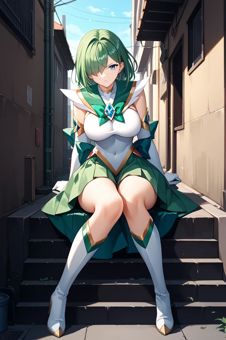 annette_war, green hair, violete eyes, 1girl, solo, breasts, looking at viewer, blush, large breasts, nature, pond, trees, park, long white elbow gloves, holding, animal ears, cleavage, bare shoulders, jewelry, very long hair, gentle smile, pantyhose, earrings, rabbit ears, leotard, fake animal ears, playboy bunny