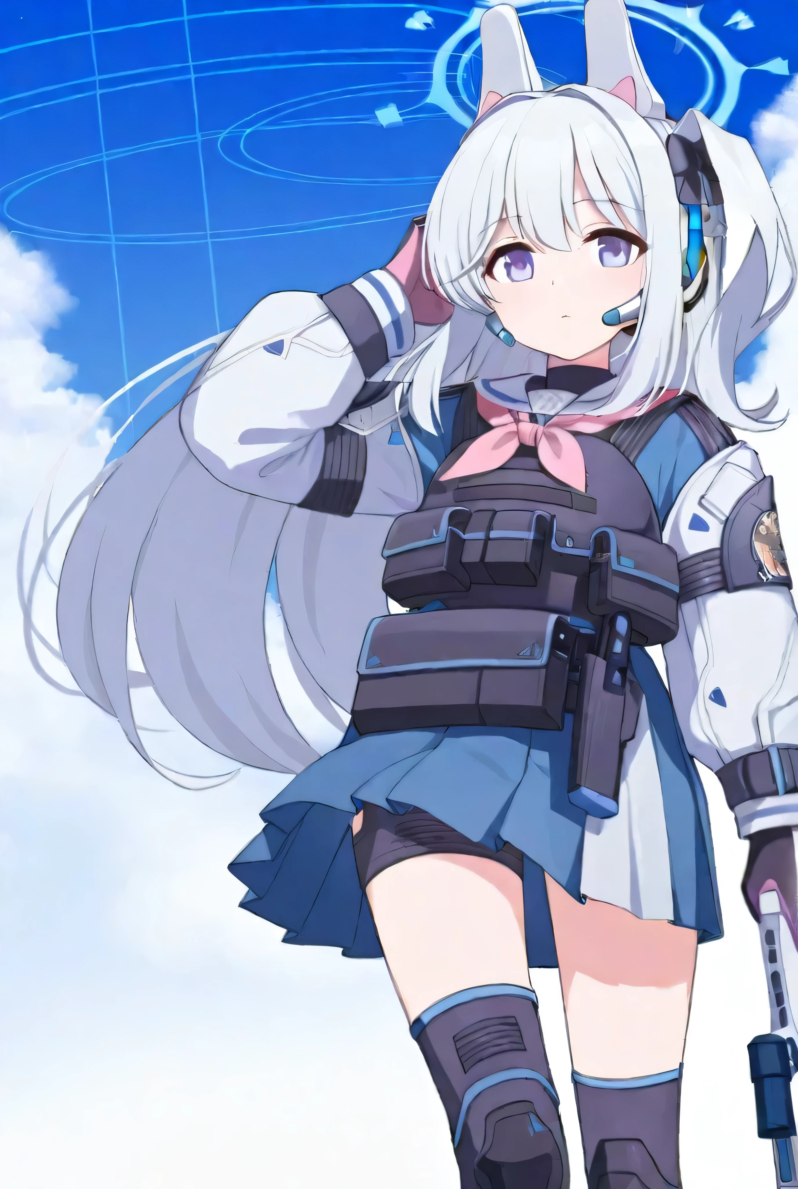 nsfw, (masterpiece, best quality:1.2), extremely detailed CG unity 8k wallpaper, ultra detailed, finely detail, highly detailed skin, extremely delicate and beautiful girls, (highly detailed beautiful face, highly detailed beautiful eyes:1.2), perfect finger, perfect anatomy, <lora:tika-blunche4-000040:0.9>, tika-blunche, purple_hair, solo, long_hair, bangs, sidelocks, headphones, purple_eyes, dress, white_dress, clothing_cutout, cleavage_cutout, cleavage, medium breasts, belt, belt_pouch, pouch, white wristband, cape, brown_cape, knee_pads, skirt, white_skirt, thighhighs, white_footwear, boots, smile, leaning forward, arms behind back, garden, multicolored flowers, blue sky