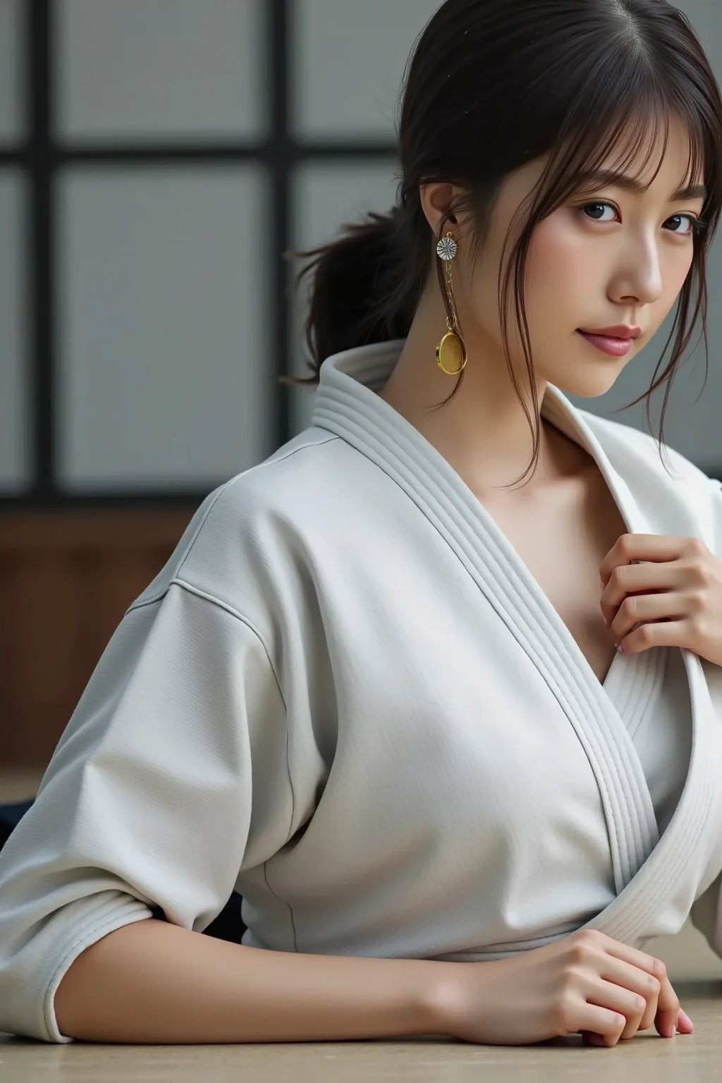 ((highest quality, 8k, masterpiece: 1.3)), Sharp focus: 1.2, Beautiful woman with muscular body: 1.4, Arms hanging down, Slim abdomen: 1.2, ((Layered Haircut, big: 1.2)), Wet body: 1.1, Very detailed顔と肌の質感, Fine Eyes, double eyelid, Sunburned skin, Sunburned, Sweaty skin, 1 girl, Beautiful and perfect face, Bobcut, Intricate details, Cinematic atmosphere, 8k, Very detailed, (Realistic, photoRealistic: 1.37), Very detailed, highest quality, Realistic, Very delicate and beautiful, RAW Photos, (((Professional Lighting)), Facial lighting, Written boundary depth, Single Focus, (((judo))), ((Black belt))、(((super big breasts))) 、公式judo着を着用する), ((Long sleeve)), ((Wear a T-shirt)), (Muscular and healthy), Small Head, (((Beautiful Eyes)), True Face, Realistic face, True Face, Fine Eyes, (Fashionable hairstyles: 1.3), Audience, (Cool Japanese women)), intellectual, Sports, (smile: 1.15), (Mouth closed), fine and Beautiful Eyes, (dojo: 1.3), judo選手, Healthy Body, (short hair: 1.2), short hair, Dark Skin