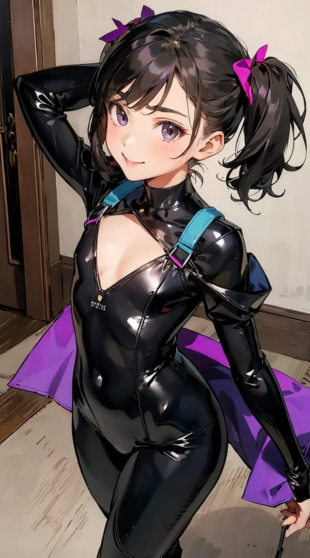 A woman wearing a black cat suit posing in front of a window, seductive anime girl, tits, small curve , a teasing smile, biomechanical tits, attractive anime girl, beautiful attractive anime woman, anime girl, anime girls, wearing a swimsuit, naughty anime style, thick, | fine detail anime, anime best girls、(pink hair)